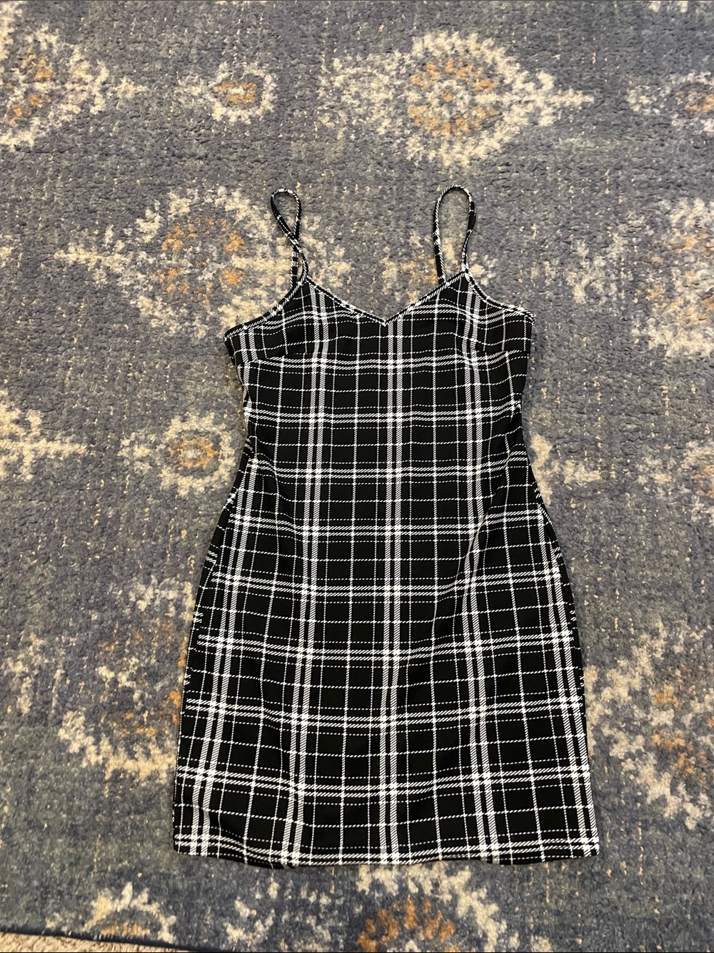 SHEIN Black & White Plaid Spaghetti Strap Mini Dress